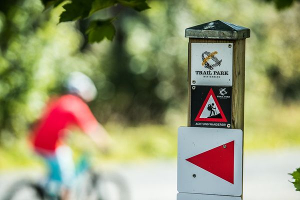 Schild mit einem roten Pfeil als Wegweiser im Trailpark
